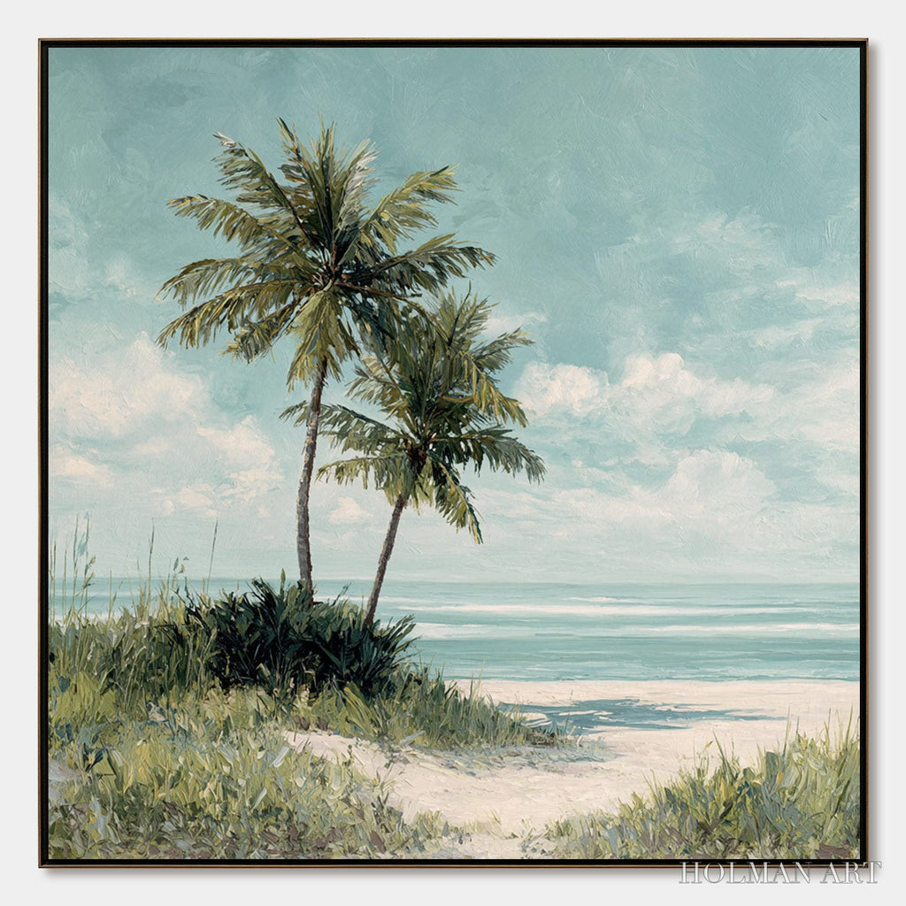 HOLMAN ART Ocean Breeze – Serene Coastal Palm Tree Beach Painting - image 1