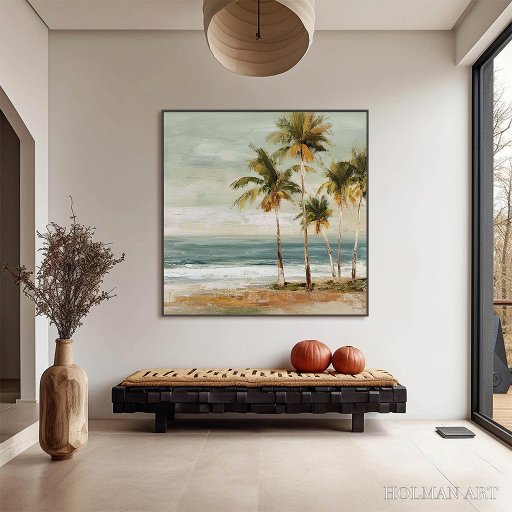 HOLMAN ART Coastal Whisper – Wabi Sabi Palm Tree Beach & Sea Painting - image 4