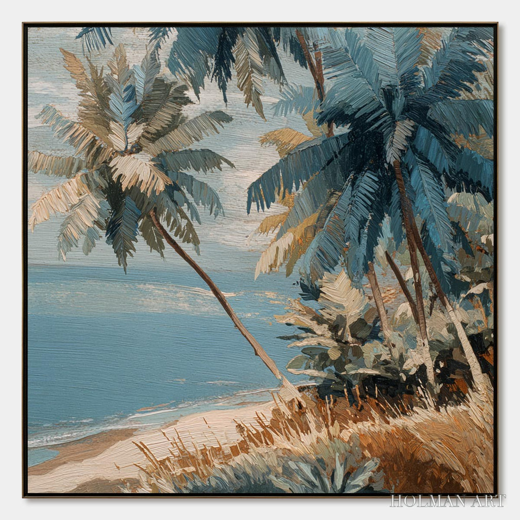 HOLMAN ART Cerulean Shore – Textured Impasto Palm Tree Beach Painting - image 1