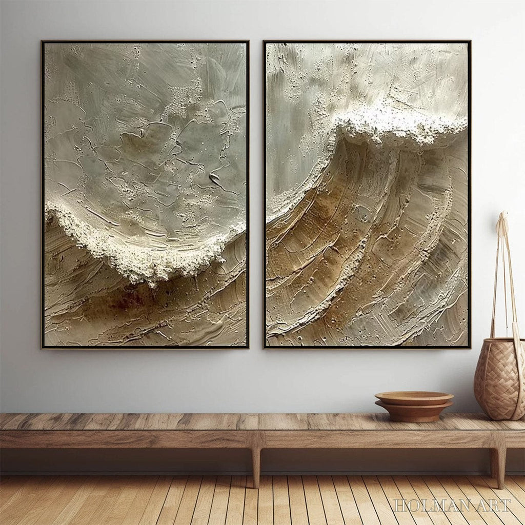 HOLMAN ART Tidal Whisper – Textured Wabi Sabi Coastal Diptych Oil Painting - image 2