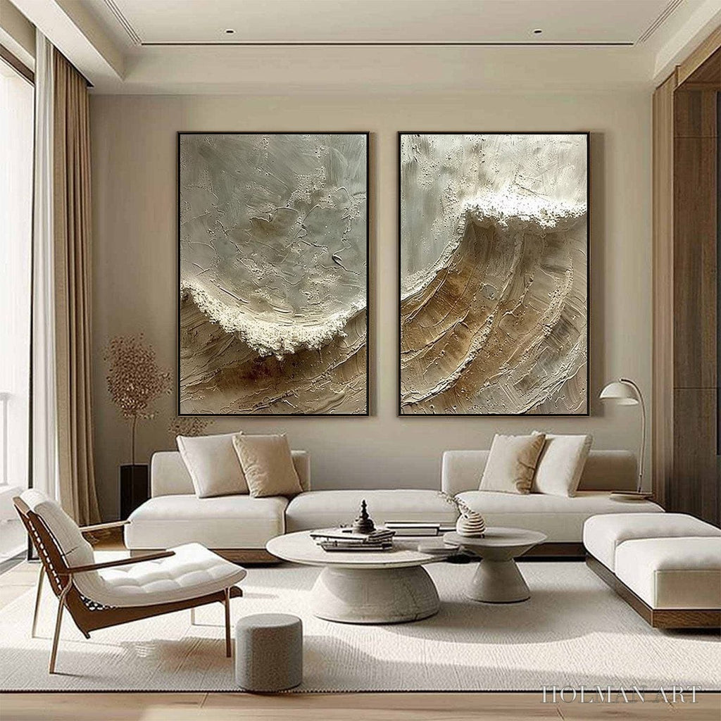 HOLMAN ART Tidal Whisper – Textured Wabi Sabi Coastal Diptych Oil Painting - image 4