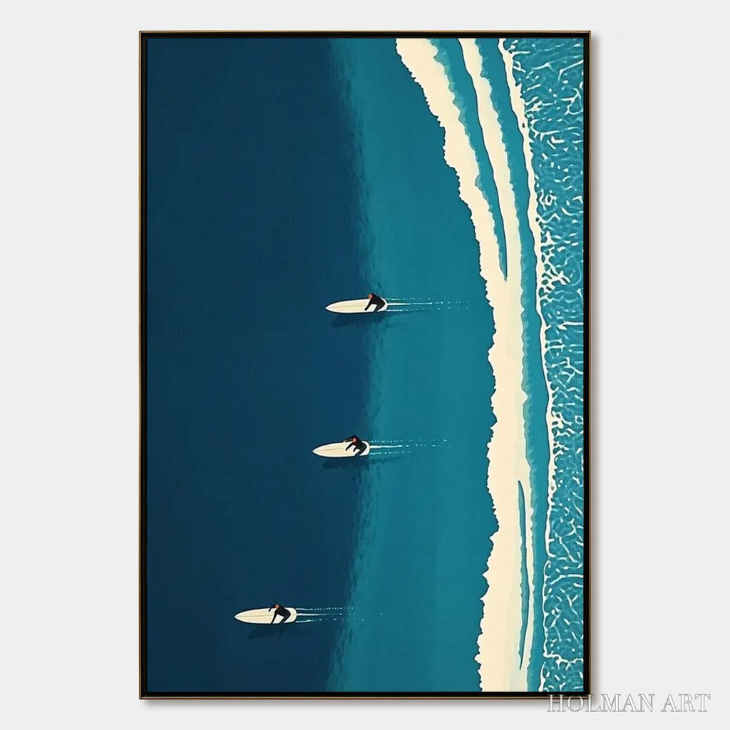 HOLMAN ART Ocean'S Three – Minimalist Aerial Surfing Scene Oil Painting - image 1