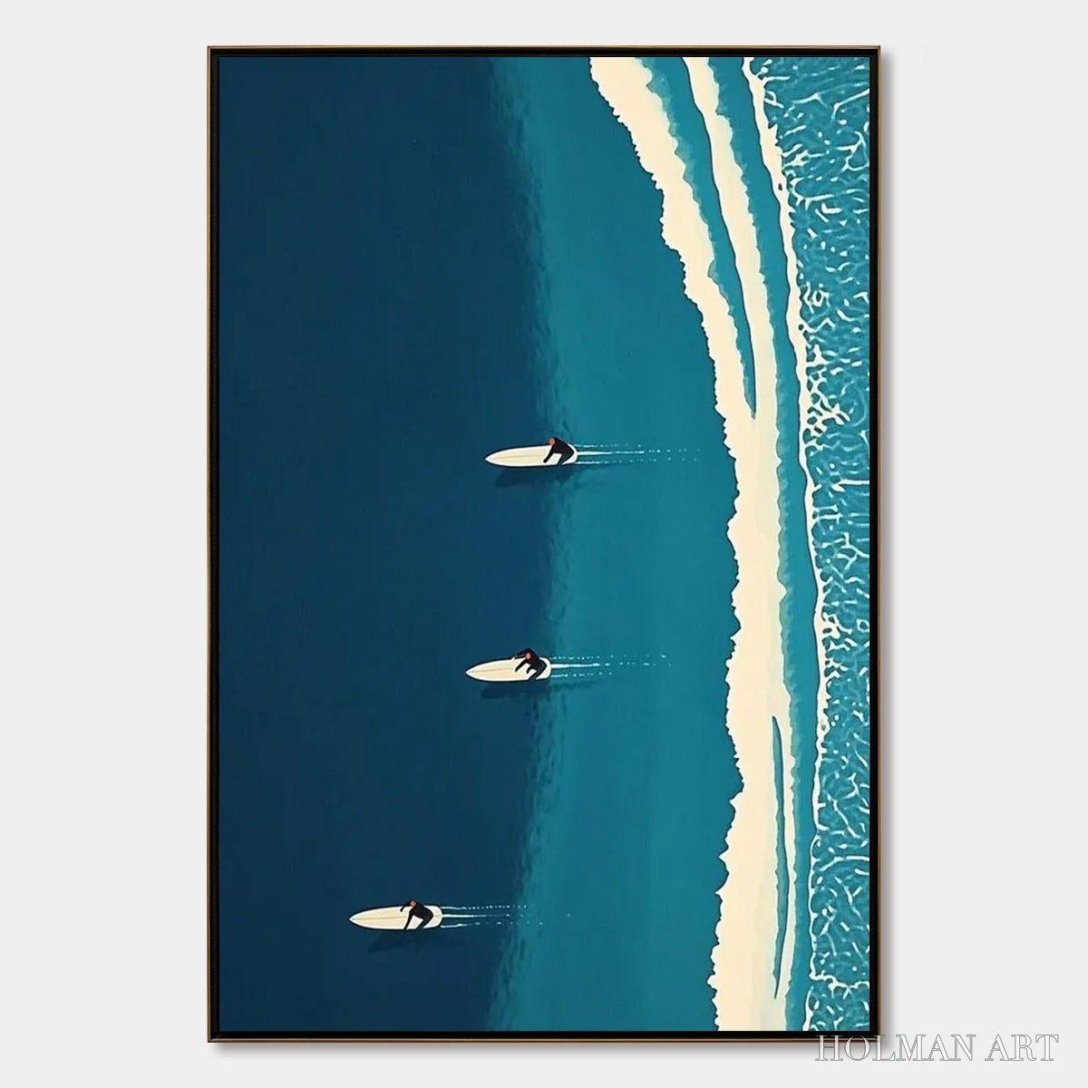 HOLMAN ART Ocean'S Three – Minimalist Aerial Surfing Scene Oil Painting - image 1