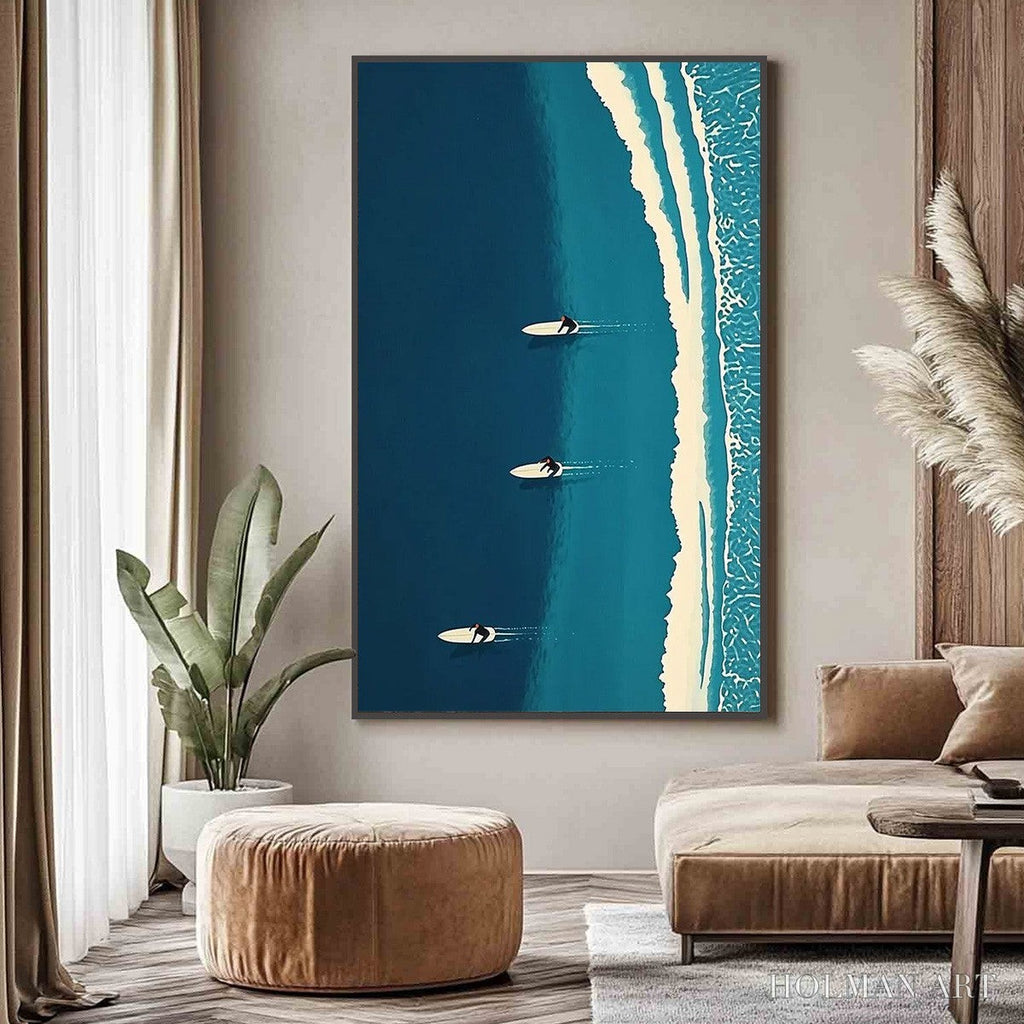 HOLMAN ART Ocean'S Three – Minimalist Aerial Surfing Scene Oil Painting - image 2