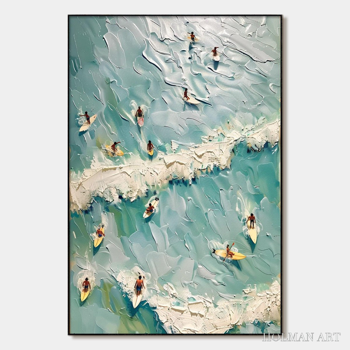 HOLMAN ART Surf'S Up – Textured Aerial View of Surfers Oil Painting - image 1