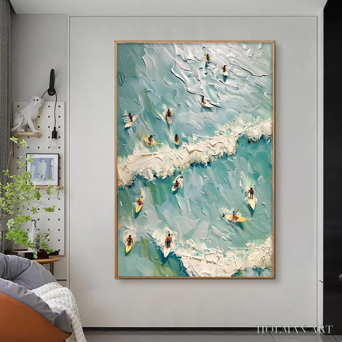 HOLMAN ART Surf'S Up – Textured Aerial View of Surfers Oil Painting - image 2