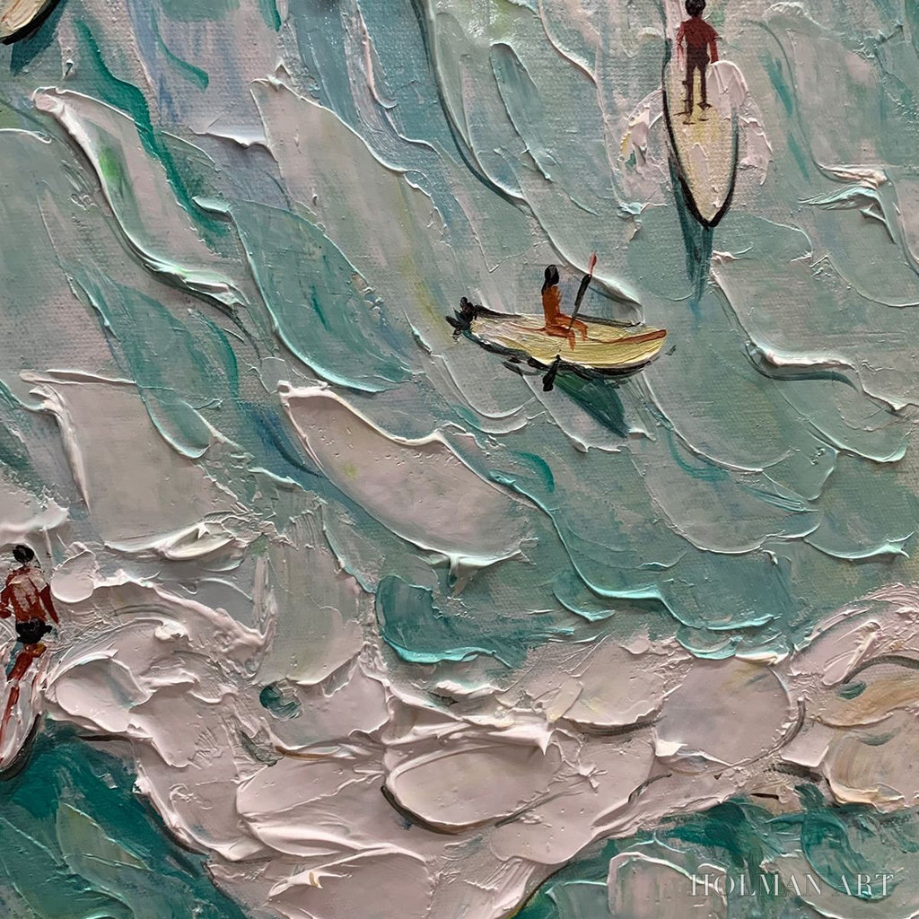 HOLMAN ART Surf'S Up – Textured Aerial View of Surfers Oil Painting - image 3