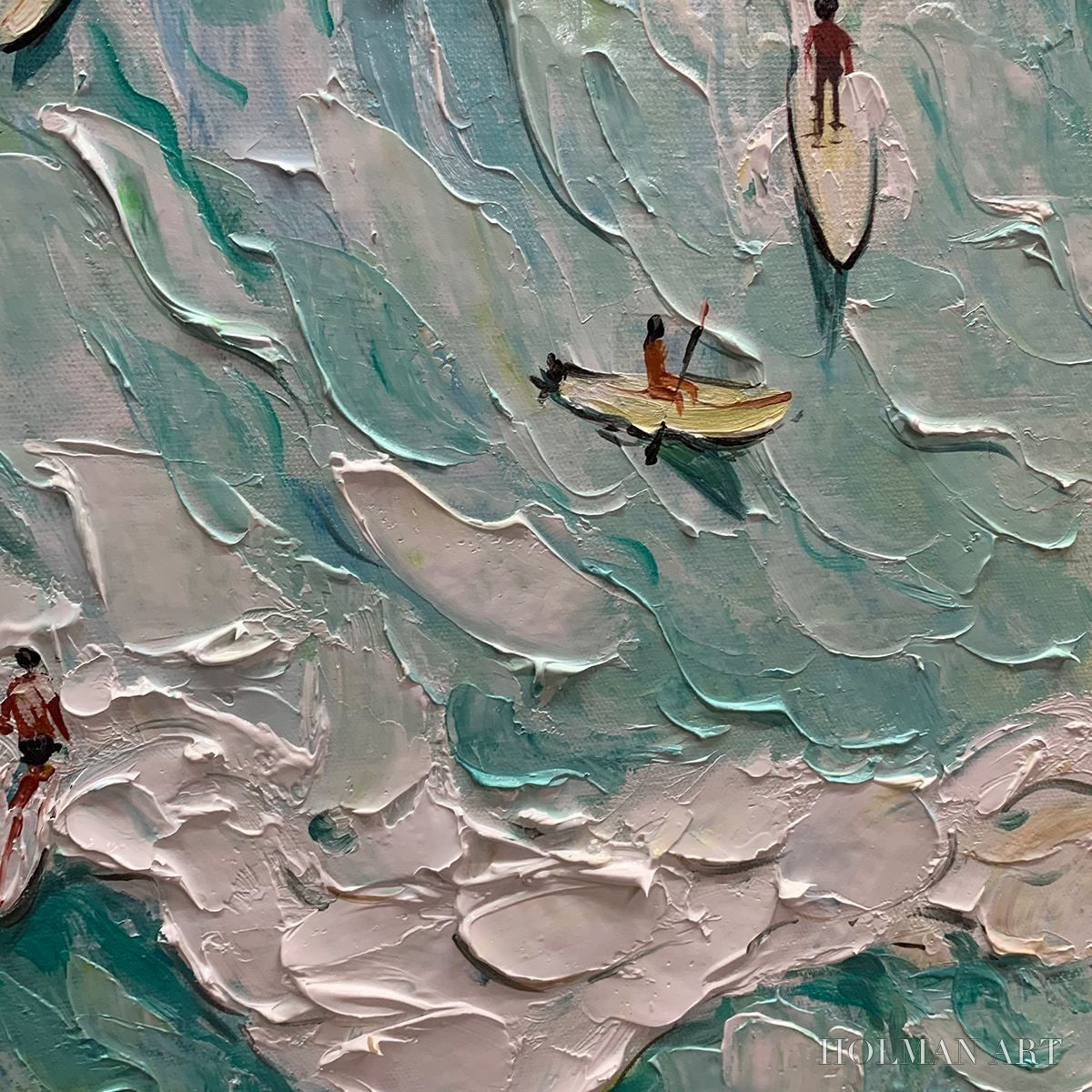 HOLMAN ART Surf'S Up – Textured Aerial View of Surfers Oil Painting - image 3