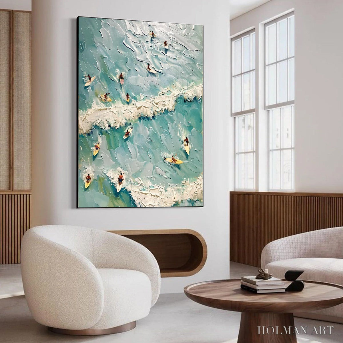 HOLMAN ART Surf'S Up – Textured Aerial View of Surfers Oil Painting - image 4