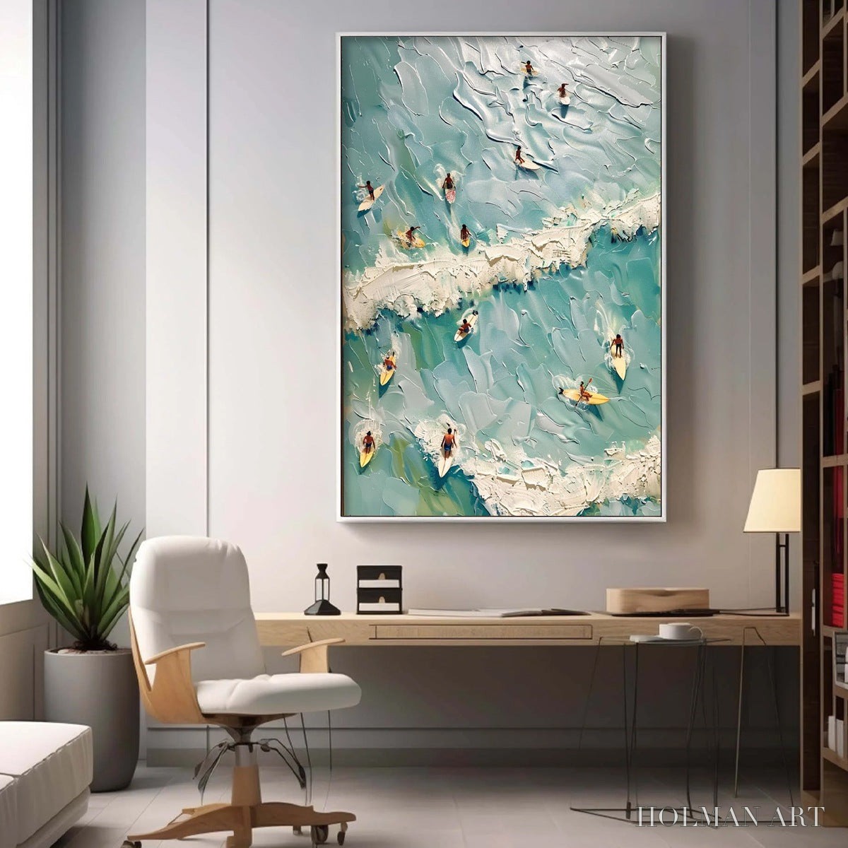 HOLMAN ART Surf'S Up – Textured Aerial View of Surfers Oil Painting - image 6