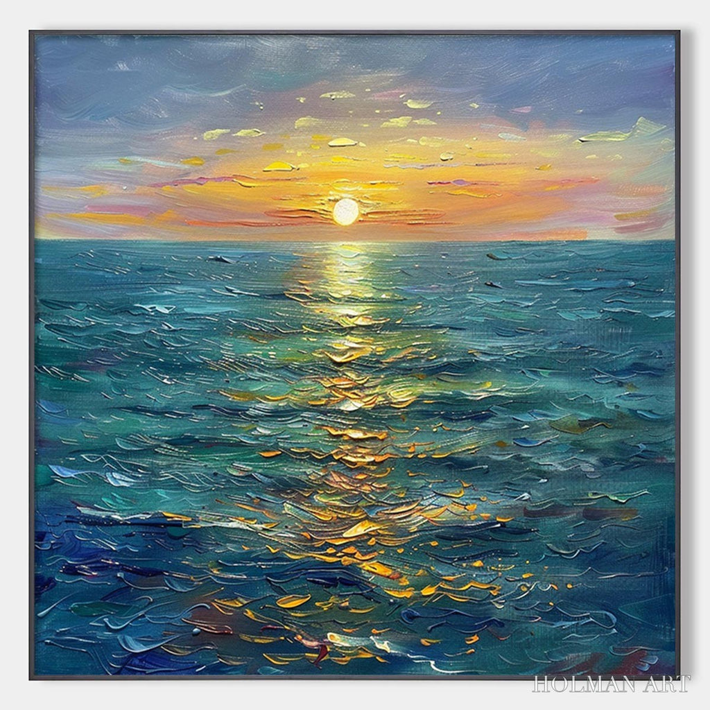 HOLMAN ART Golden Hour – Textured Sunset Seascape Oil Painting - image 1