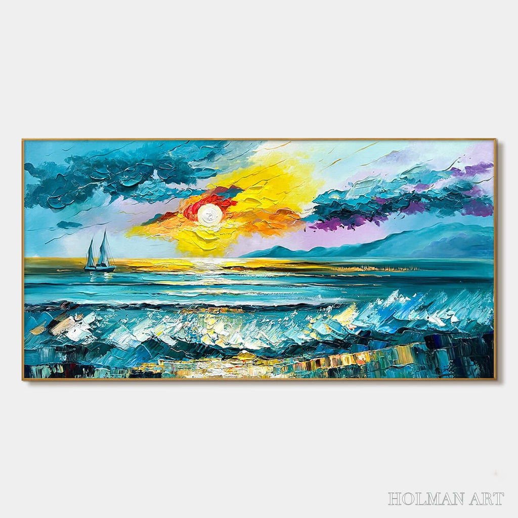 HOLMAN ART Golden Horizon – Vibrant Sunset Seascape Oil Painting - image 1