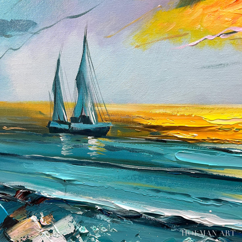 HOLMAN ART Golden Horizon – Vibrant Sunset Seascape Oil Painting - image 5