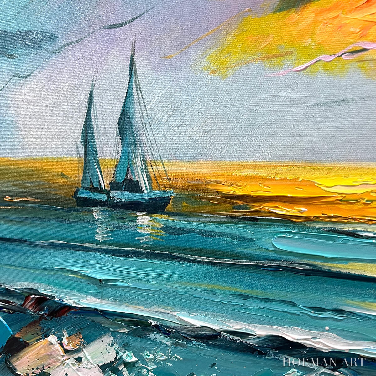 HOLMAN ART Golden Horizon – Vibrant Sunset Seascape Oil Painting - image 5