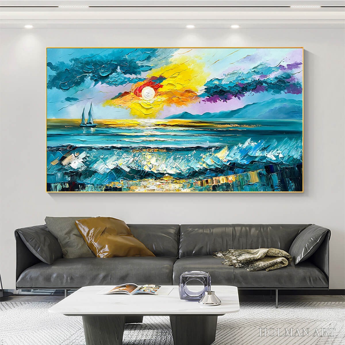 HOLMAN ART Golden Horizon – Vibrant Sunset Seascape Oil Painting - image 6