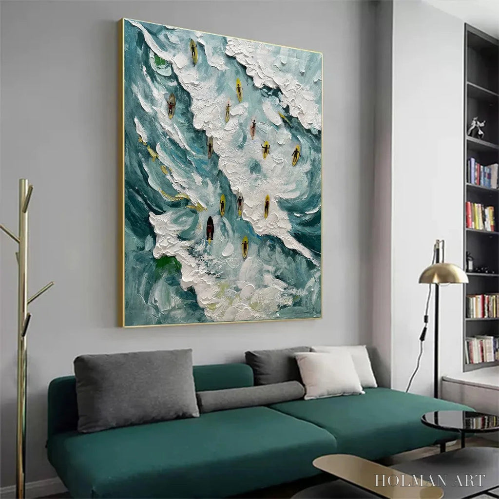 HOLMAN ART Catching the Wave – Ocean Surfers Impasto Oil Painting on Canvas - image 4