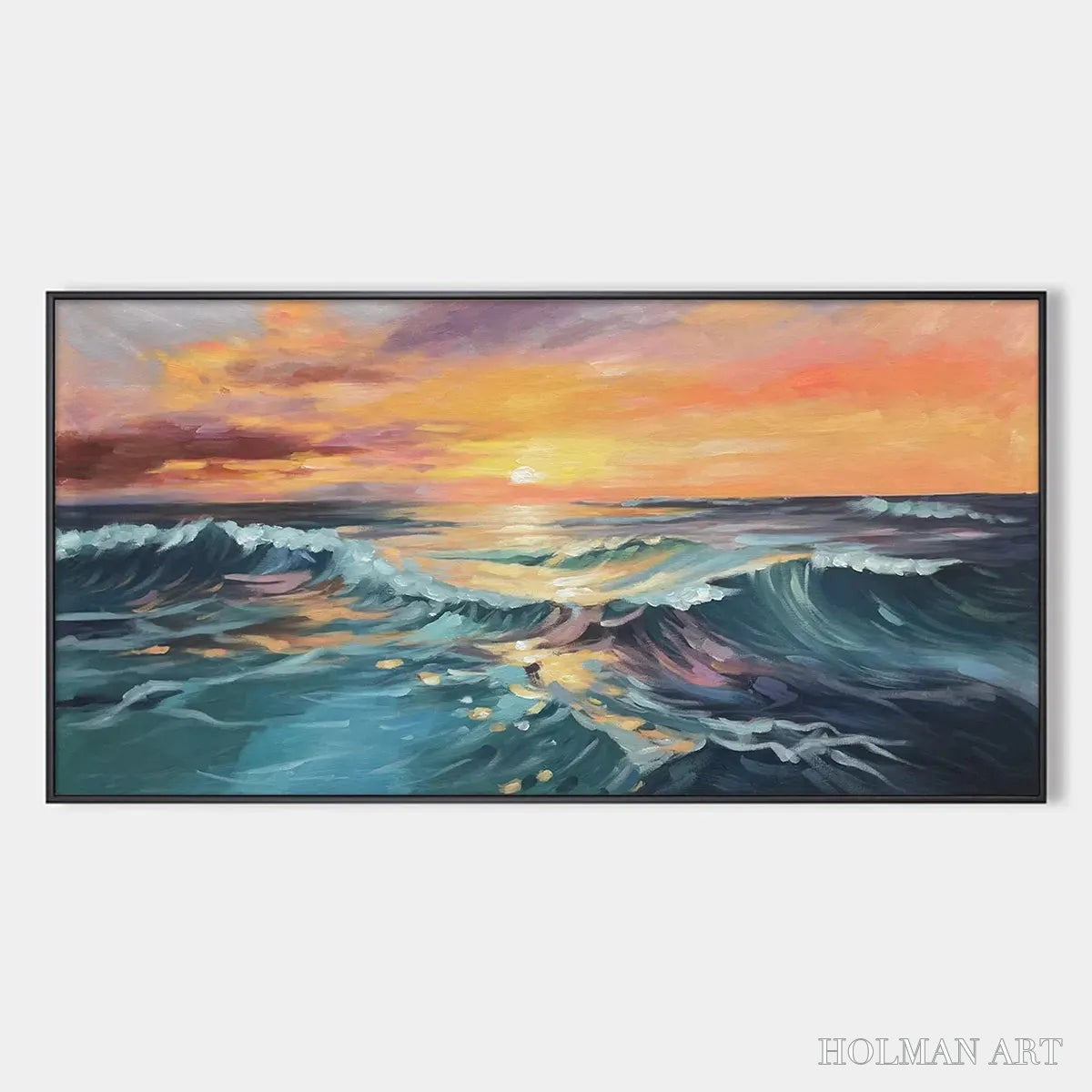 HOLMAN ART Ocean'S Embrace – Panoramic Ocean Sunset Painting in Teal and Orange - image 1
