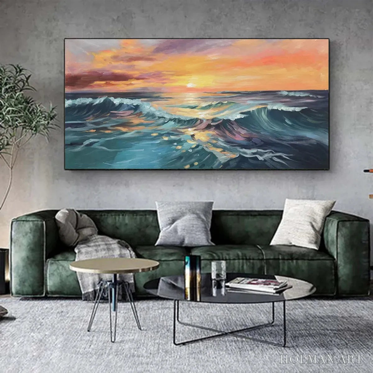 HOLMAN ART Ocean'S Embrace – Panoramic Ocean Sunset Painting in Teal and Orange - image 2