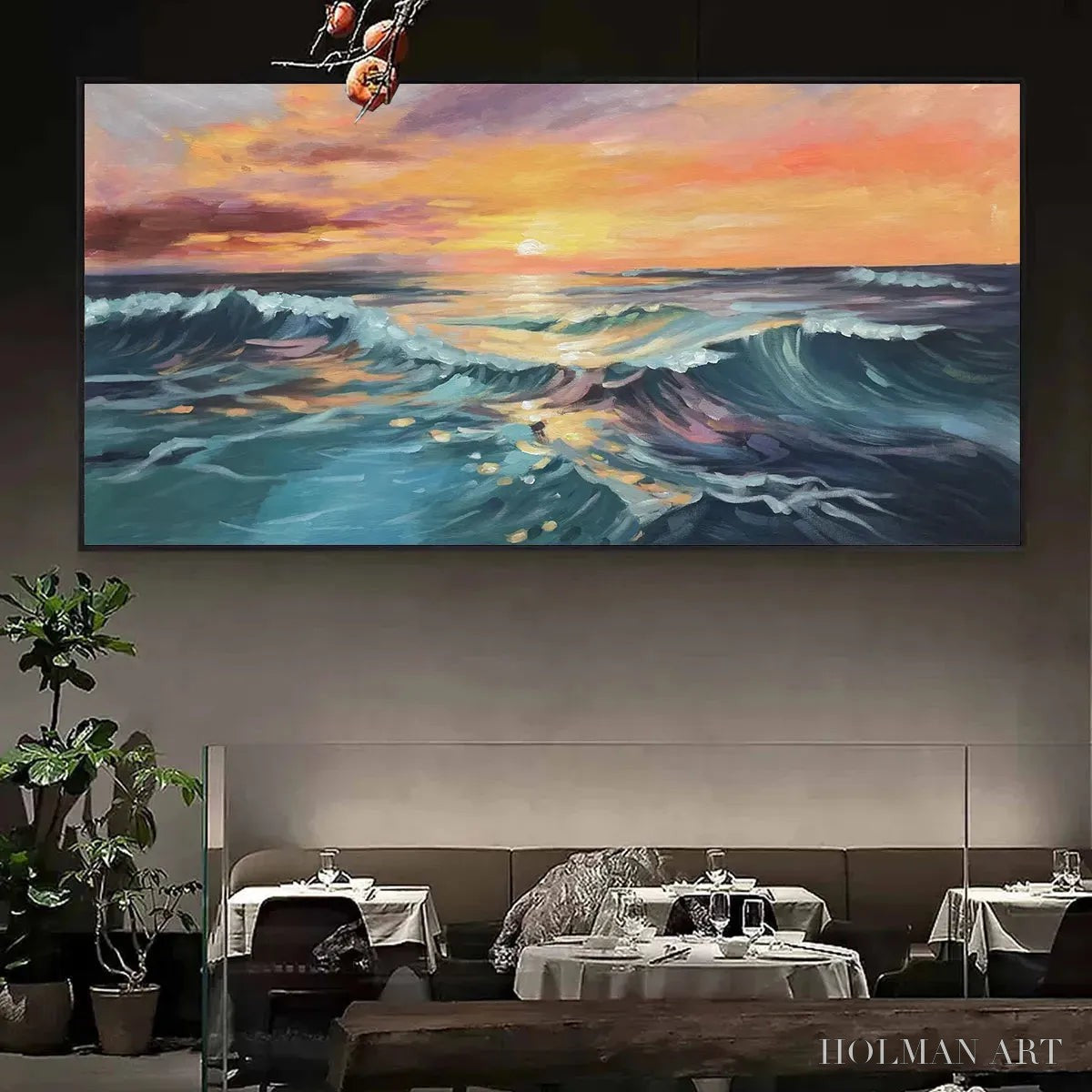 HOLMAN ART Ocean'S Embrace – Panoramic Ocean Sunset Painting in Teal and Orange - image 6