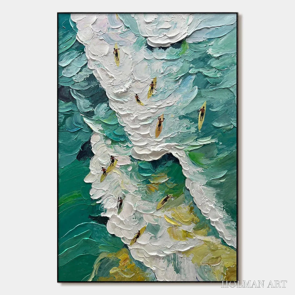 HOLMAN ART Catching the Wave – Textured Surfers Ocean Scene Oil Painting - image 1