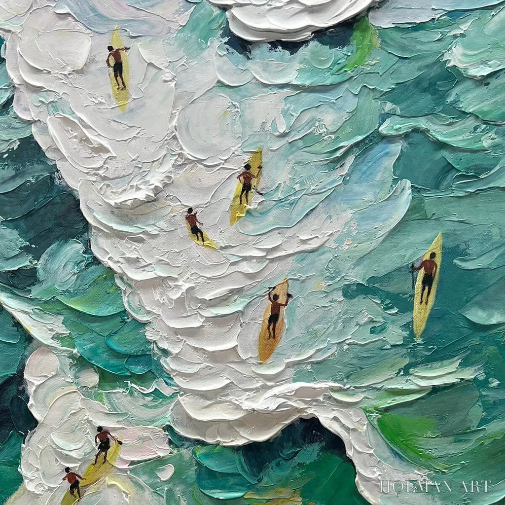 HOLMAN ART Catching the Wave – Textured Surfers Ocean Scene Oil Painting - image 3