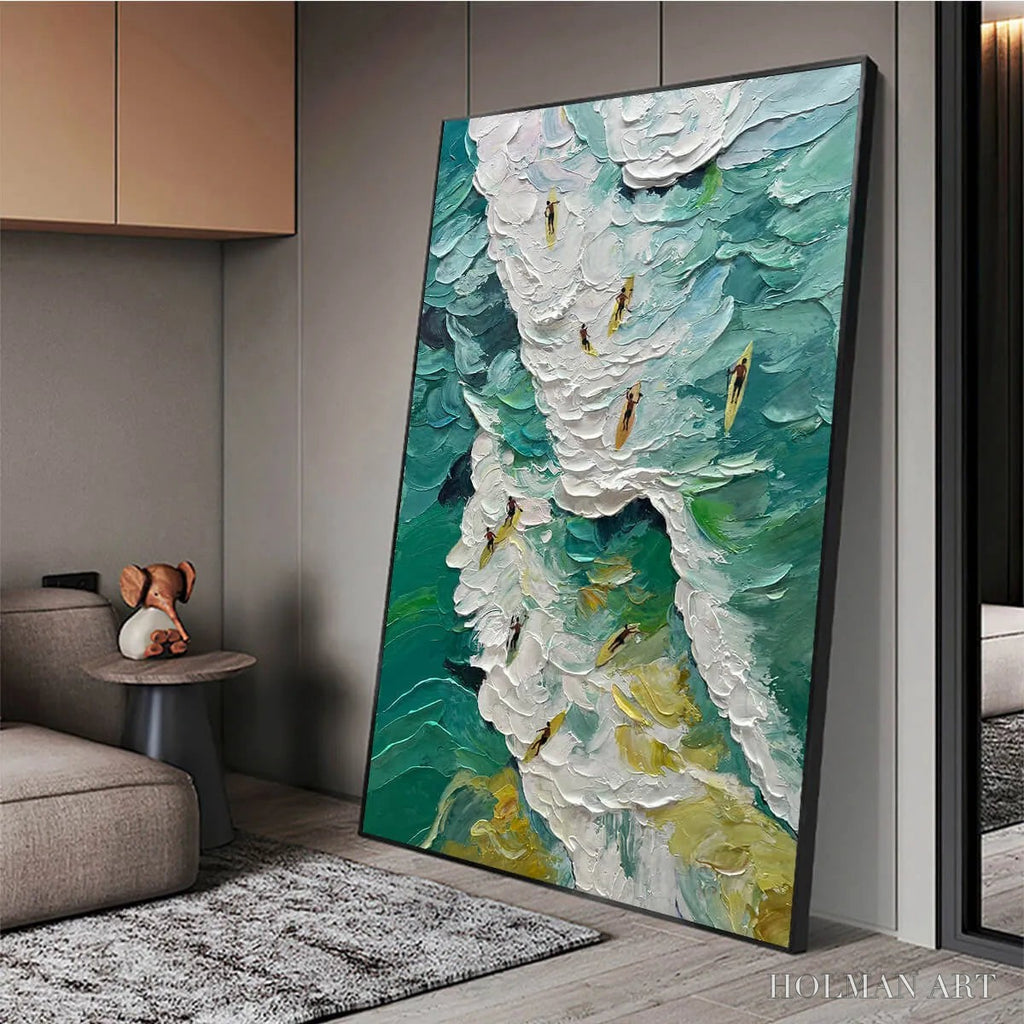 HOLMAN ART Catching the Wave – Textured Surfers Ocean Scene Oil Painting - image 4