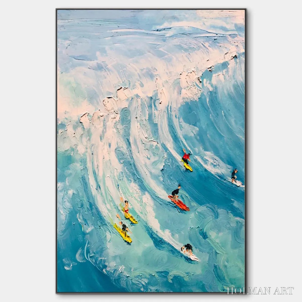 HOLMAN ART Catching the Wave – Vertical Ocean Painting of Surfers Riding a Wave - image 1