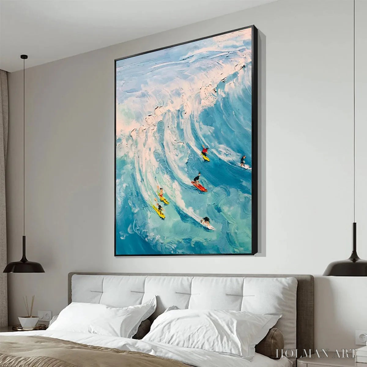 HOLMAN ART Catching the Wave – Vertical Ocean Painting of Surfers Riding a Wave - image 2