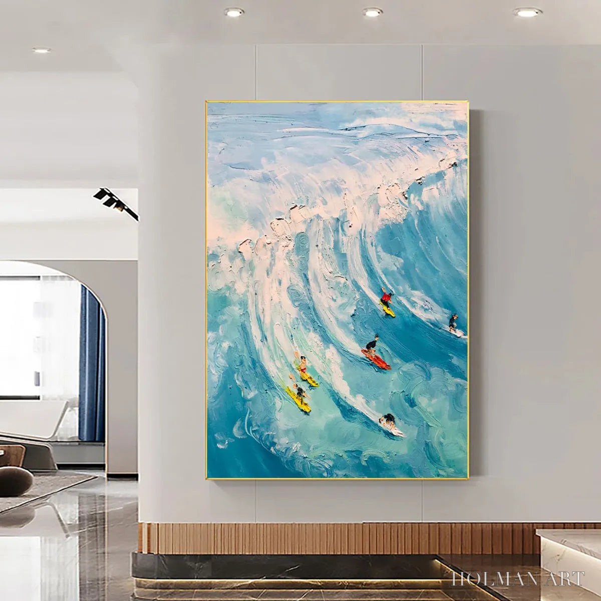 HOLMAN ART Catching the Wave – Vertical Ocean Painting of Surfers Riding a Wave - image 5