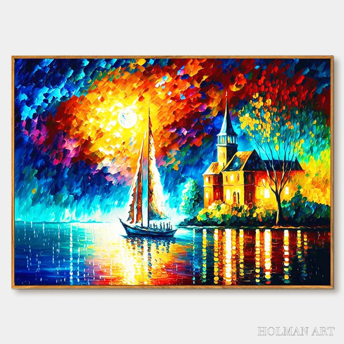 HOLMAN ART Sanctuary by the Sea – Coastal Landscape Oil Painting with Sailboat and Church - image 1