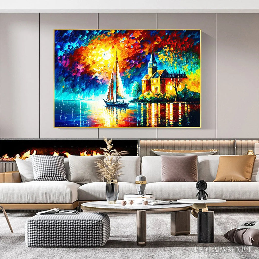 HOLMAN ART Sanctuary by the Sea – Coastal Landscape Oil Painting with Sailboat and Church - image 2