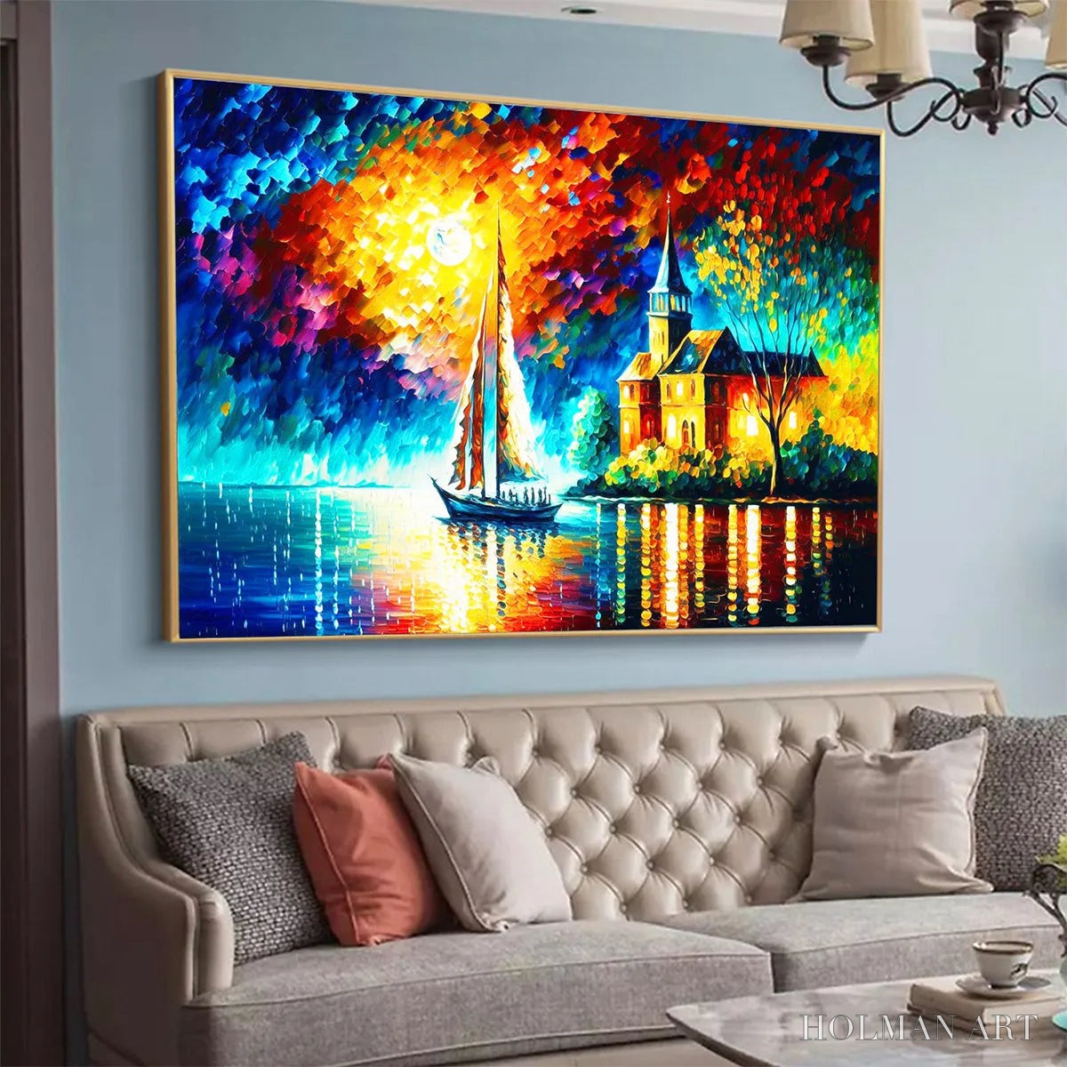 HOLMAN ART Sanctuary by the Sea – Coastal Landscape Oil Painting with Sailboat and Church - image 3