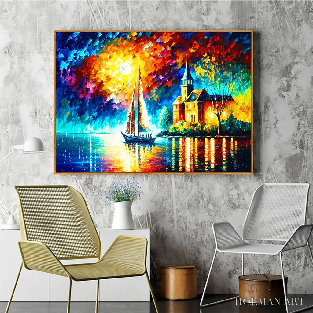 HOLMAN ART Sanctuary by the Sea – Coastal Landscape Oil Painting with Sailboat and Church - image 4