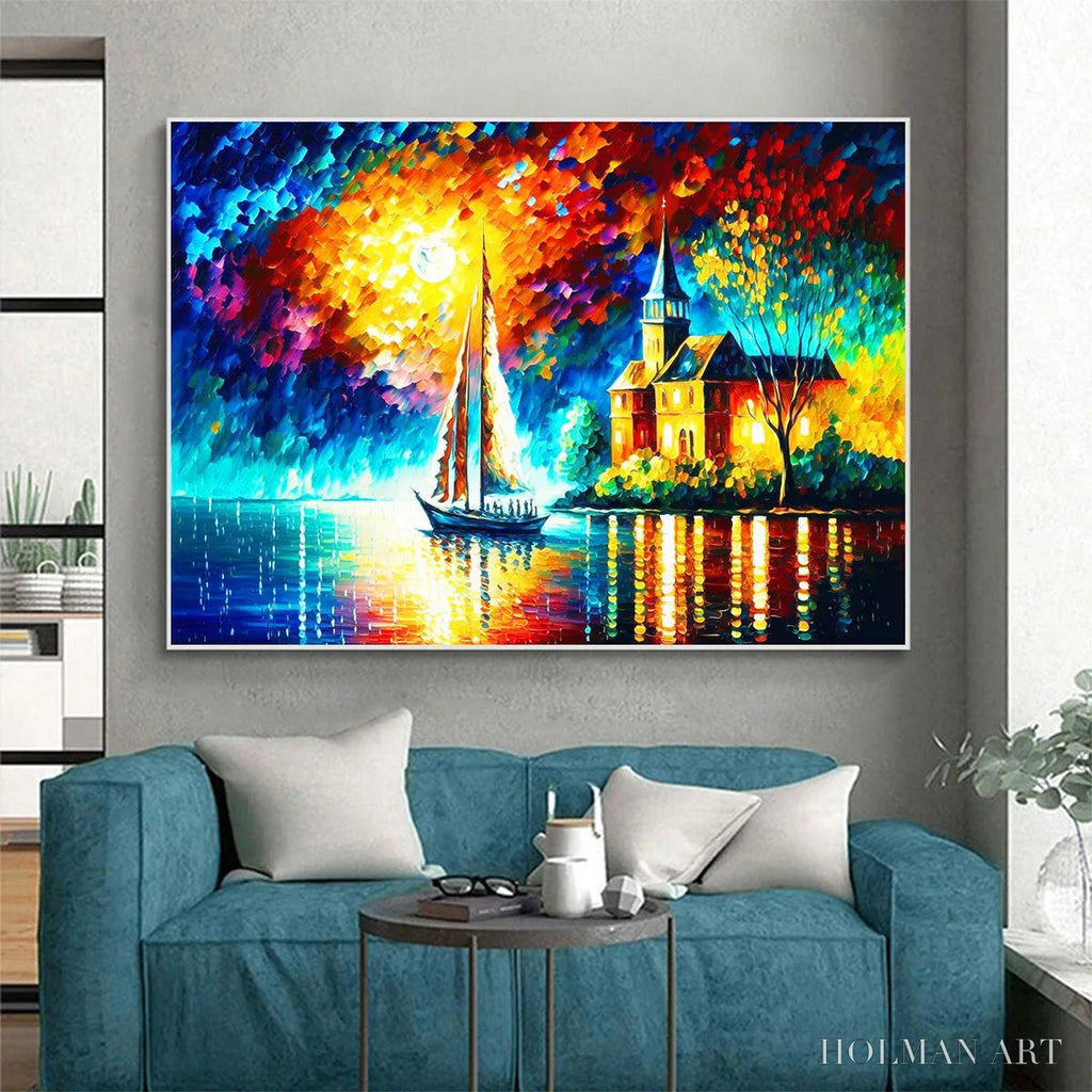 HOLMAN ART Sanctuary by the Sea – Coastal Landscape Oil Painting with Sailboat and Church - image 5