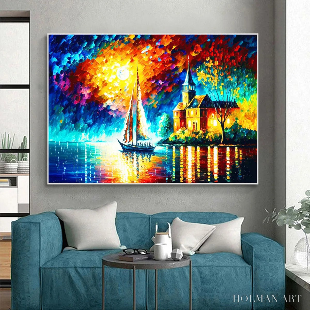 HOLMAN ART Sanctuary by the Sea – Coastal Landscape Oil Painting with Sailboat and Church - image 5