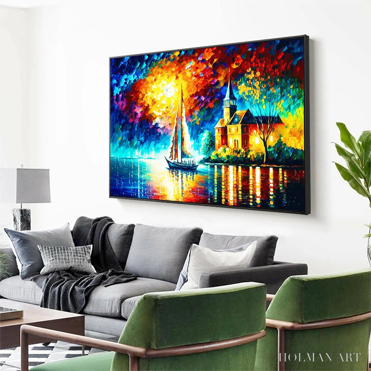 HOLMAN ART Sanctuary by the Sea – Coastal Landscape Oil Painting with Sailboat and Church - image 6