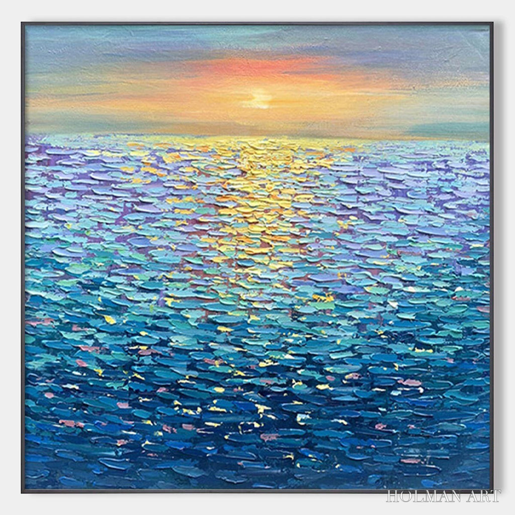 HOLMAN ART Golden Sunset Over Water – Square Textured Seascape Painting, Palette Knife Ocean Sunset, Blue, Living… - image 1