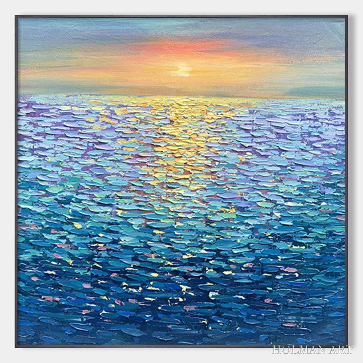 HOLMAN ART Golden Sunset Over Water – Square Textured Seascape Painting, Palette Knife Ocean Sunset, Blue, Living… - image 1