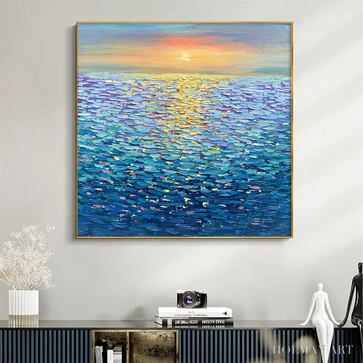 HOLMAN ART Golden Sunset Over Water – Square Textured Seascape Painting, Palette Knife Ocean Sunset, Blue, Living… - image 2