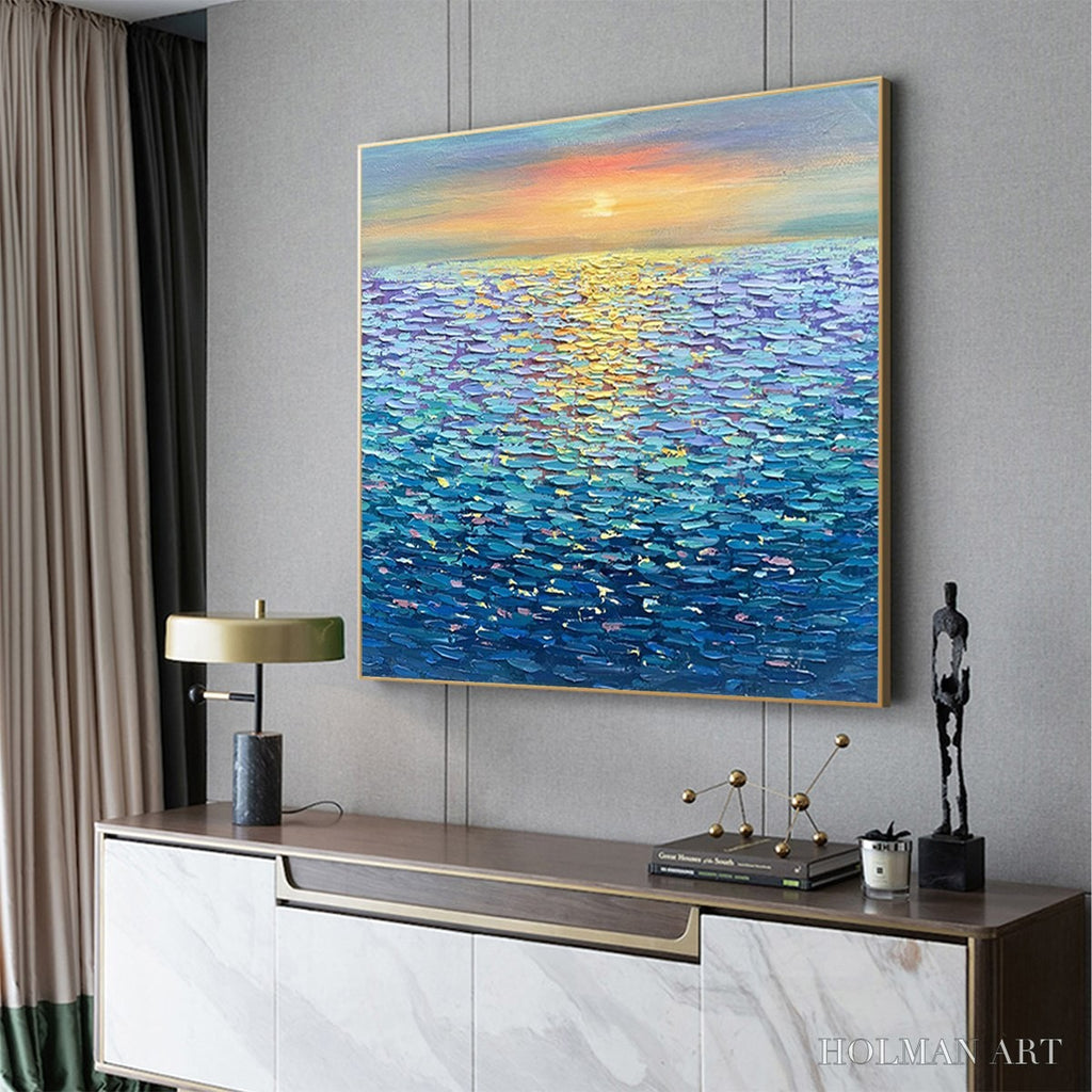 HOLMAN ART Golden Sunset Over Water – Square Textured Seascape Painting, Palette Knife Ocean Sunset, Blue, Living… - image 4