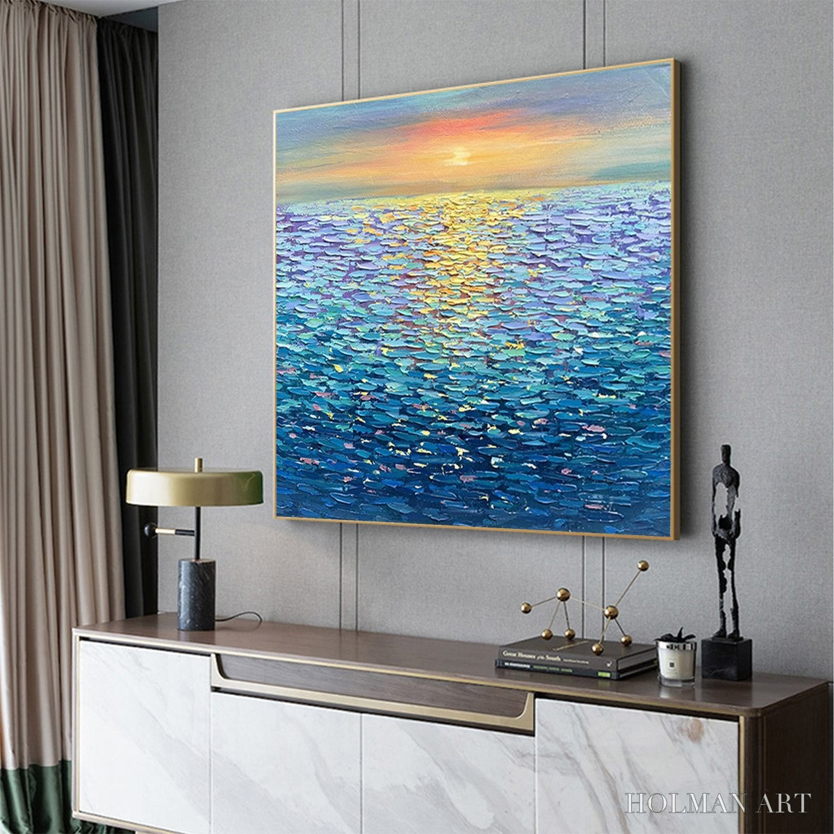 HOLMAN ART Golden Sunset Over Water – Square Textured Seascape Painting, Palette Knife Ocean Sunset, Blue, Living… - image 4