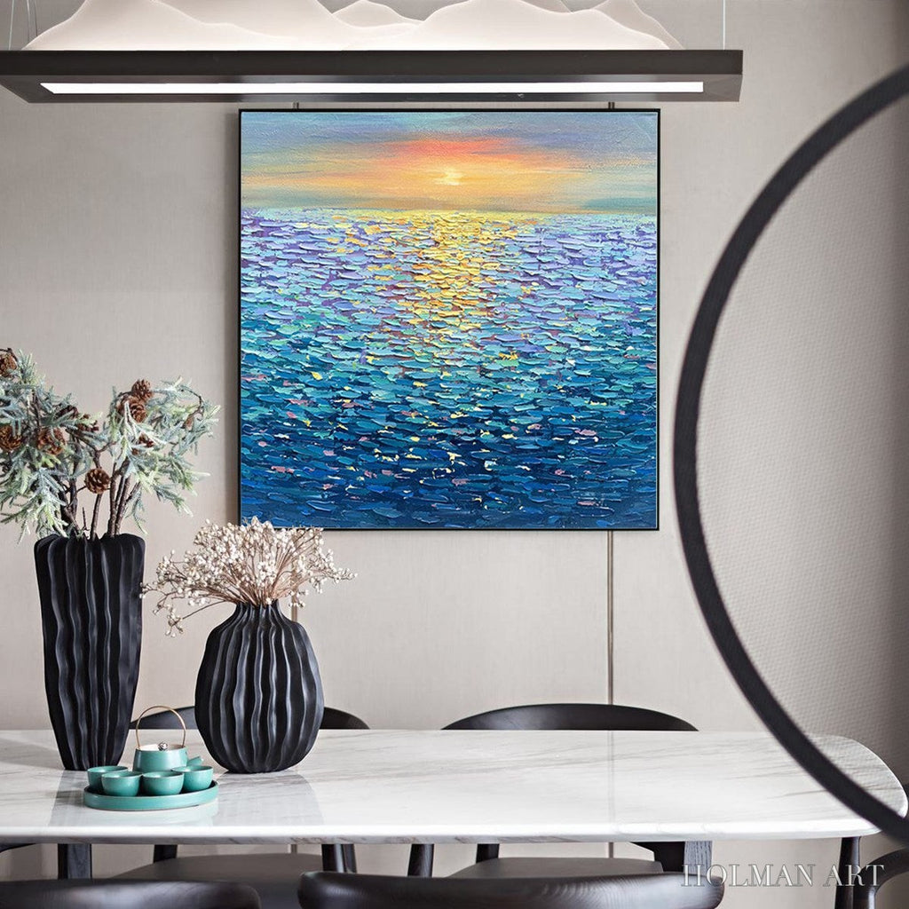 HOLMAN ART Golden Sunset Over Water – Square Textured Seascape Painting, Palette Knife Ocean Sunset, Blue, Living… - image 6