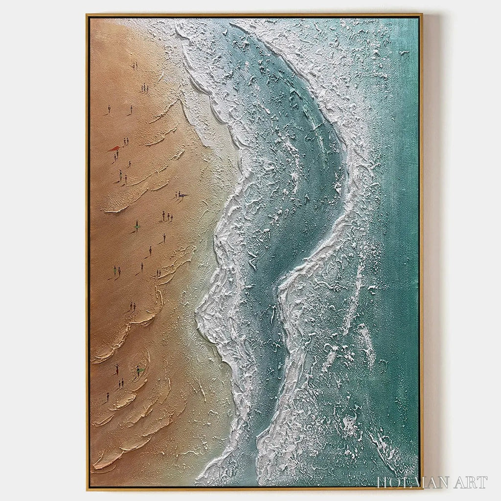 HOLMAN ART Coastal Serenity – Textured Beach Painting, Ocean View, Beige, Blue, Living Room, Bedroom - image 1