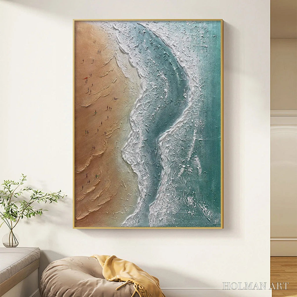 HOLMAN ART Coastal Serenity – Textured Beach Painting, Ocean View, Beige, Blue, Living Room, Bedroom - image 2