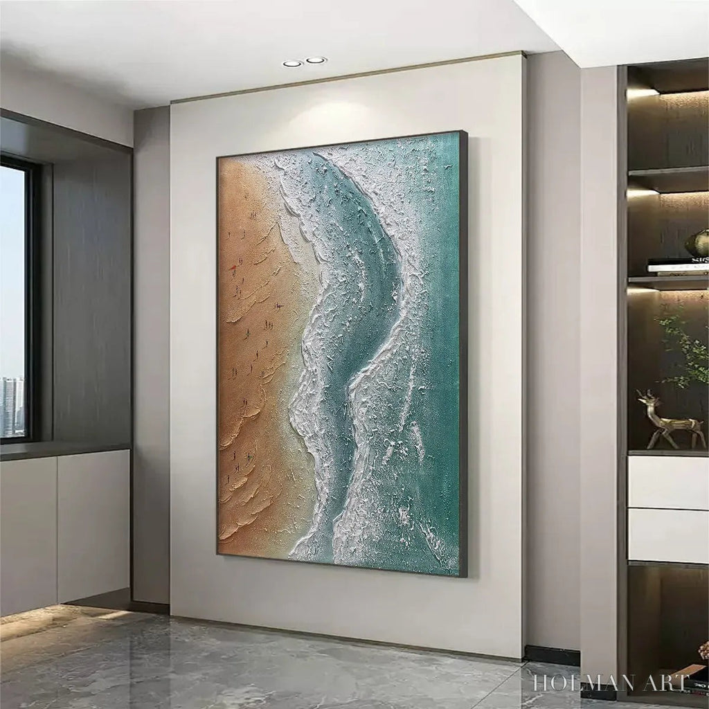 HOLMAN ART Coastal Serenity – Textured Beach Painting, Ocean View, Beige, Blue, Living Room, Bedroom - image 4