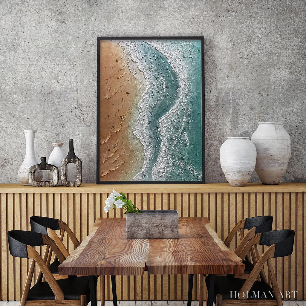 HOLMAN ART Coastal Serenity – Textured Beach Painting, Ocean View, Beige, Blue, Living Room, Bedroom - image 5
