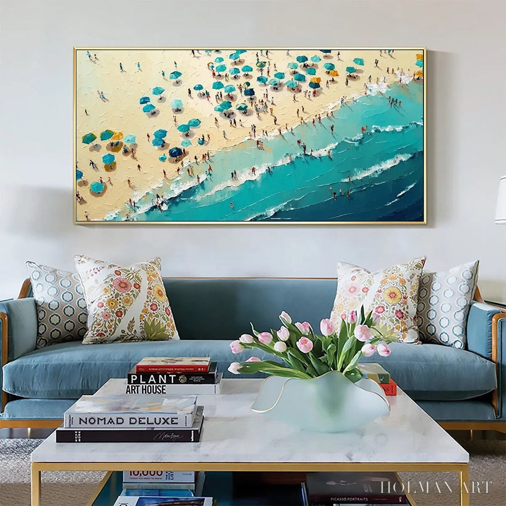 HOLMAN ART Summer Afternoon – Beach Scene Oil Painting with Beach Umbrellas - image 2