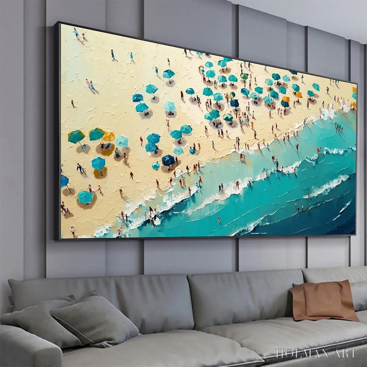 HOLMAN ART Summer Afternoon – Beach Scene Oil Painting with Beach Umbrellas - image 4