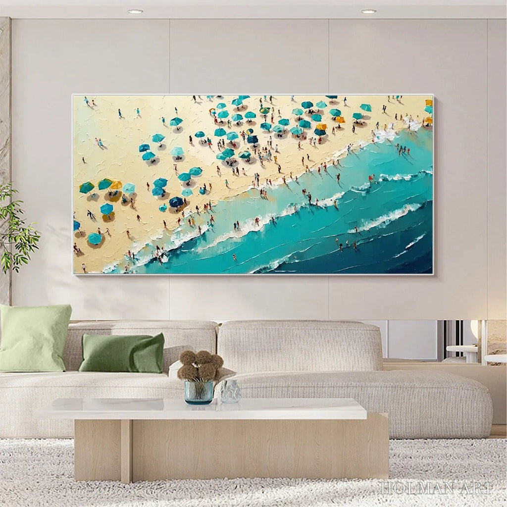 HOLMAN ART Summer Afternoon – Beach Scene Oil Painting with Beach Umbrellas - image 6