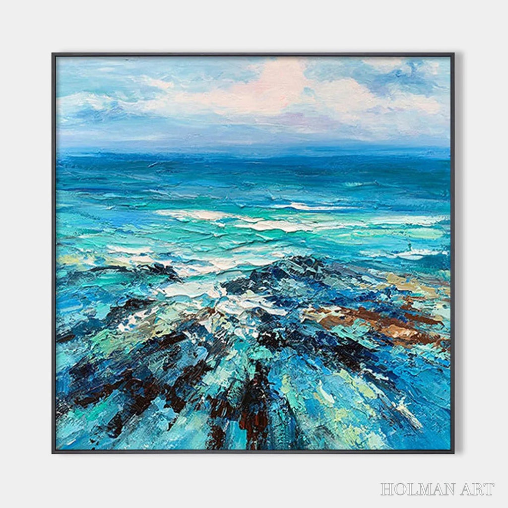 HOLMAN ART Azure Depths – Impasto Seascape Oil Painting in Blues and Greens - image 1